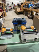 Box of organizers and Bostitch, pneumatic BradStaplers