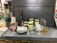 BOX OF KITCHEN ITEMS - PLASTIC CUPS MIKASA BOWLS, SERVING DISHES, BOXES OF TEA, CANISTERS,