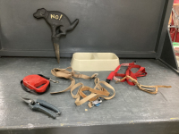 SMALL BOX OF PET SUPPLIES & CAST LAWN DOG