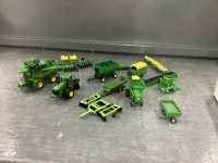 SMALL BOX OF MINI JD TRACTORS, COMBINE, WAGONS, BALER, SPRAYER, IMPLEMENTS