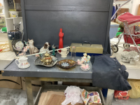 BOX OF MISC COLLECTIBLE ITEMS - WOOL "NAVY" PANTS, OLD CASE W/ LIGHT BULBS, CAT & DOG ORNAMENTS, TOWEL HOLDER,
