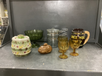 BOX W/VINTAGE ITEMS - GREEN PEDESTAL BOWL, GLASS DOUBLE BOILER, AMBER GOBLETS, LARGE "BET YOU CAN'T" CUP, CERAMIC SOUR CREAM DISH W/ SPOON