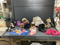 BOX W/ STUFFIES, MICKEY MOUSE PLASTIC PUZZLE, TODDLER COWBOY BOOTS, CLOWN