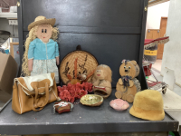 SMALL HIDE-ON FLASK, HANDCRAFTED WOOD DOLL, VINTAGE YELLOW FURRY HAT, CARVED MONKEY OUT OF CORK, WOOD BEAR