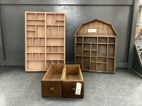 (2) WOOD TRINKET HOLDERS AND (2) OLD SEWING MACHINE DRAWERS