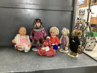 BOX OF DOLLS - PORCELAIN NATIVE DOLL, BEAR STUFFIES, SENORITA,