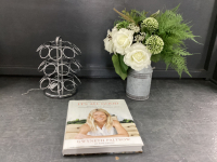 K-CUP HOLDER, MILK CAN W/ARTIFICIAL FLOWERS, COOKBOOK