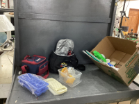 BOX W/ SWIFFER, SPRAY BOTTLES, INSULATED LUNCH BAGS, COMET,