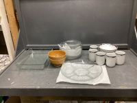 (2) BOXES W/ DISHES, GLASS MIXING BOWLS,, IKEA CAKE PAN
