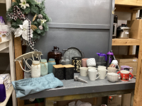 (2) BOXES W/ MUGS, GO CUPS, PAINTED JARS, SMALL WALL SHELF, WREATH, CURTAINS,