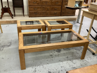 3 PIECE WOOD & GLASS LIVING ROOM SET - COFFEE TABLE & (2) SIDE TABLES