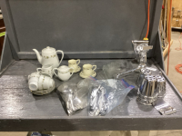 TEAPOT, TEACUPS, VEGGIE SLICER/DICER(INCOMPLETE), CUTLERY